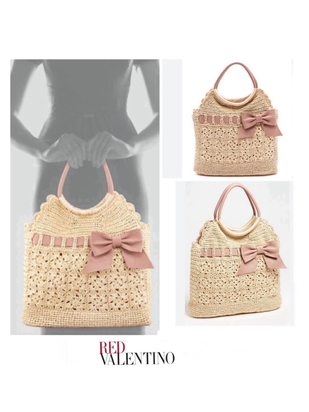 RED VALENTINO Cream Crochet Raffia Pink Mauve Leather Bow Shoulder Bag Tote